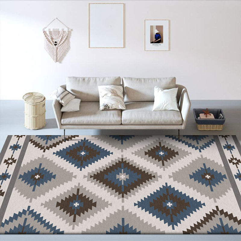 Skorter | Blue and Gray Southwest Rug Polyester geometric pattern rug washable non-slip bottom rug for living room