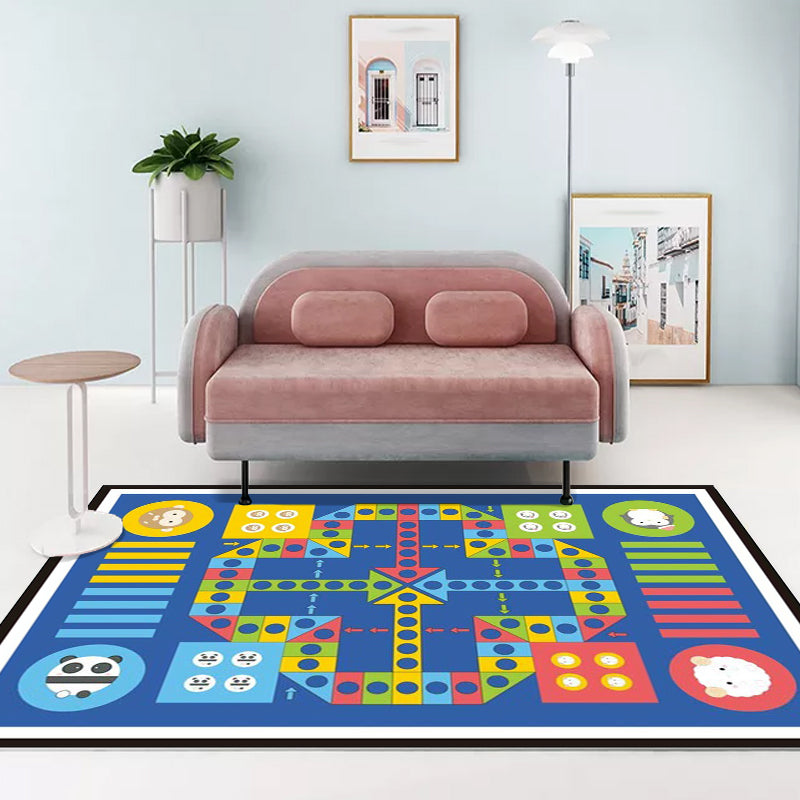 Skorter | Blue Children's Room Carpet Children Educational Ludo Pattern Area Rug Polyester Pet Friendly Washable Rug