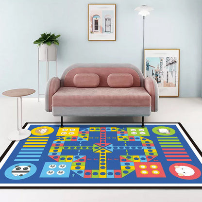 Skorter | Blue Children's Room Carpet Children Educational Ludo Pattern Area Rug Polyester Pet Friendly Washable Rug