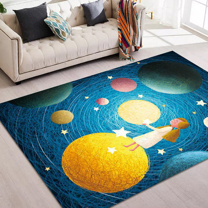 Skorter | Beautiful children's rug in blue with planet patterns in space, polyester, non-slip, washable, rug for the children's room