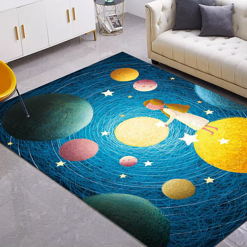 Skorter | Beautiful children's rug in blue with planet patterns in space, polyester, non-slip, washable, rug for the children's room
