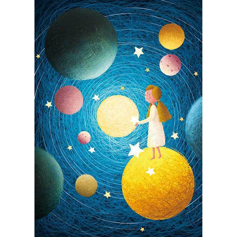 Skorter | Beautiful children's rug in blue with planet patterns in space, polyester, non-slip, washable, rug for the children's room
