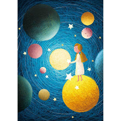 Skorter | Beautiful children's rug in blue with planet patterns in space, polyester, non-slip, washable, rug for the children's room
