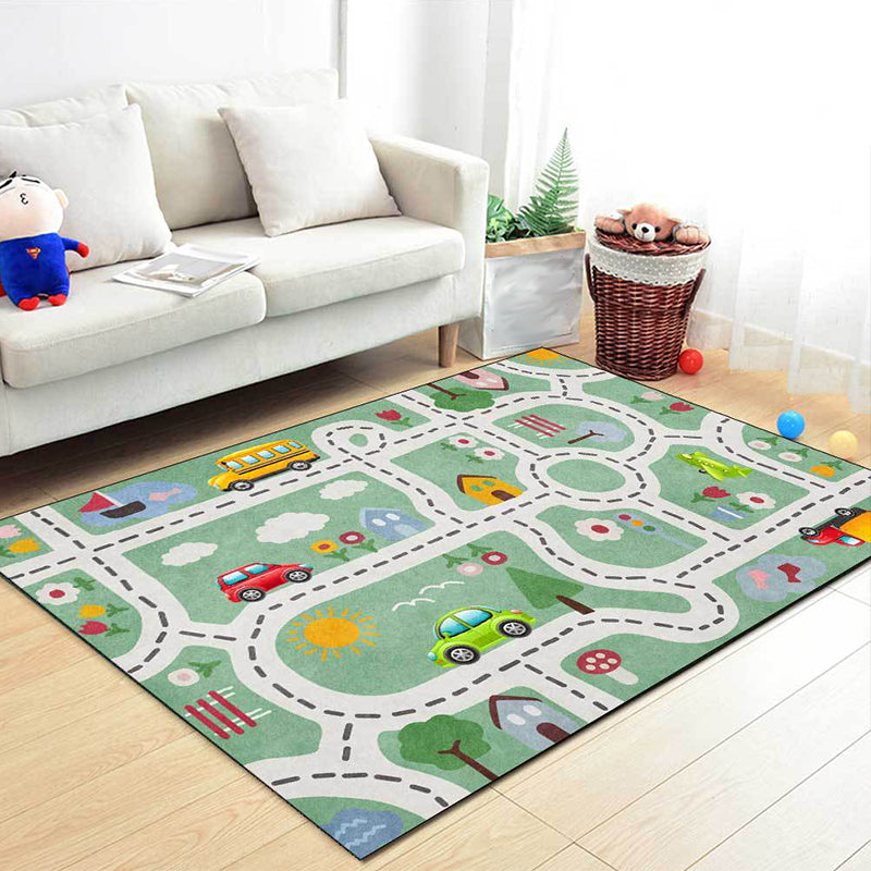 Skorter | Beautiful children's carpet in green with cars & roads, house, flowers, tree pattern, polyester, pet-friendly carpet for the children's room