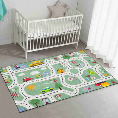 Skorter | Beautiful children's carpet in green with cars & roads, house, flowers, tree pattern, polyester, pet-friendly carpet for the children's room