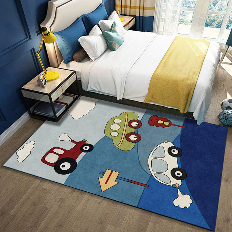 Skorter | Blue Children's Room Carpet Kids Cars & Roads Signal Cloud Pattern Area Rug Polyester Washable Pet Friendly Rug