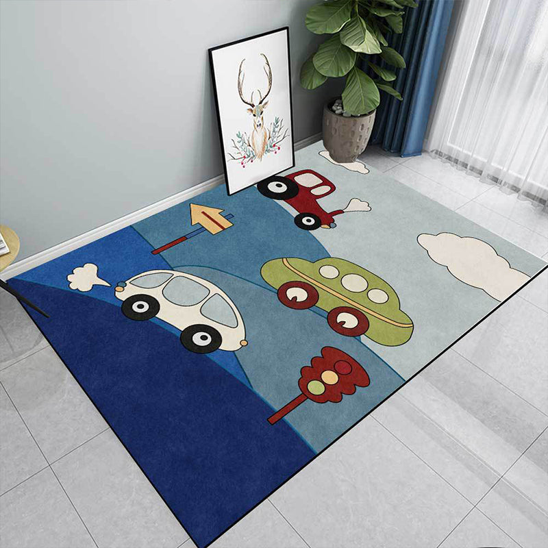 Skorter | Blue Children's Room Carpet Kids Cars & Roads Signal Cloud Pattern Area Rug Polyester Washable Pet Friendly Rug