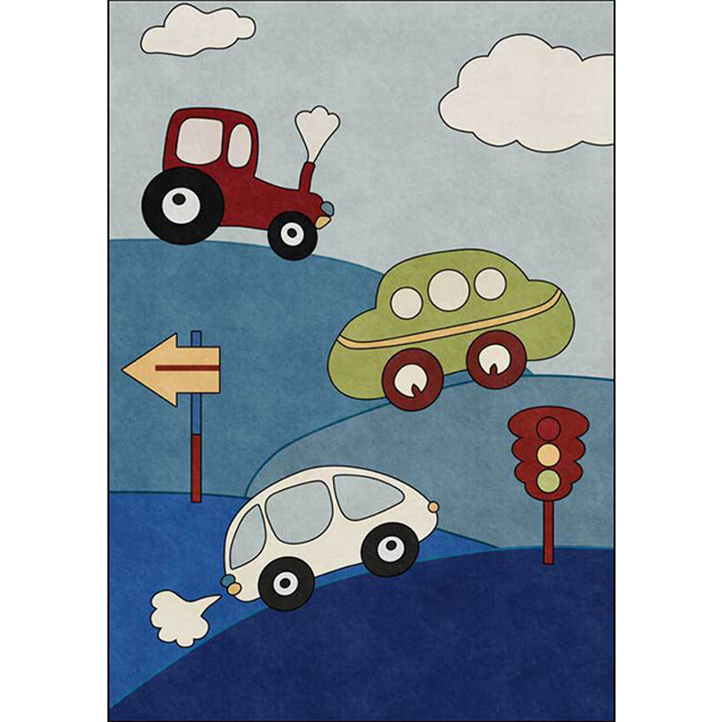 Skorter | Blue Children's Room Carpet Kids Cars & Roads Signal Cloud Pattern Area Rug Polyester Washable Pet Friendly Rug
