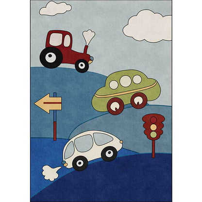 Skorter | Blue Children's Room Carpet Kids Cars & Roads Signal Cloud Pattern Area Rug Polyester Washable Pet Friendly Rug