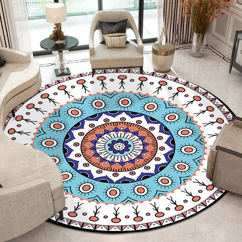 Skorter | Americana concentric circles pattern carpet with floral white and blue polyester machine washable non-slip area rug for the bedroom