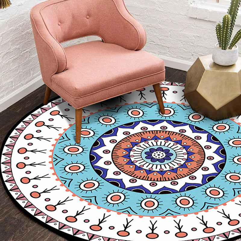 Skorter | Americana concentric circles pattern carpet with floral white and blue polyester machine washable non-slip area rug for the bedroom