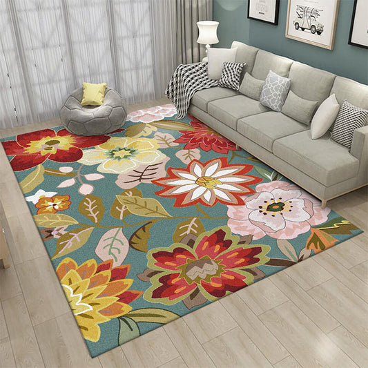 Skorter | Blue Vintage Carpet Polyester Floral Pattern Carpet Washable Non-Slip Back Carpet for Living Room