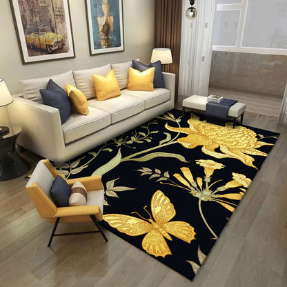 Skorter | Black and Yellow Vintage Carpet Polyester Floral and Leaf Pattern Carpet Washable Non-Slip Back Carpet for Living Room