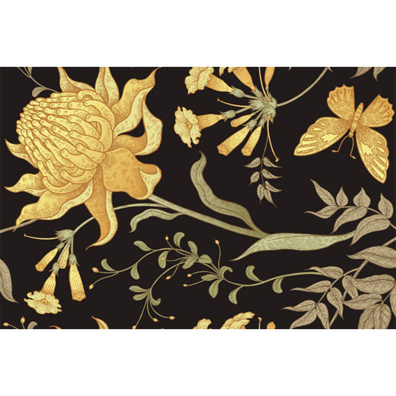 Skorter | Black and Yellow Vintage Carpet Polyester Floral and Leaf Pattern Carpet Washable Non-Slip Back Carpet for Living Room