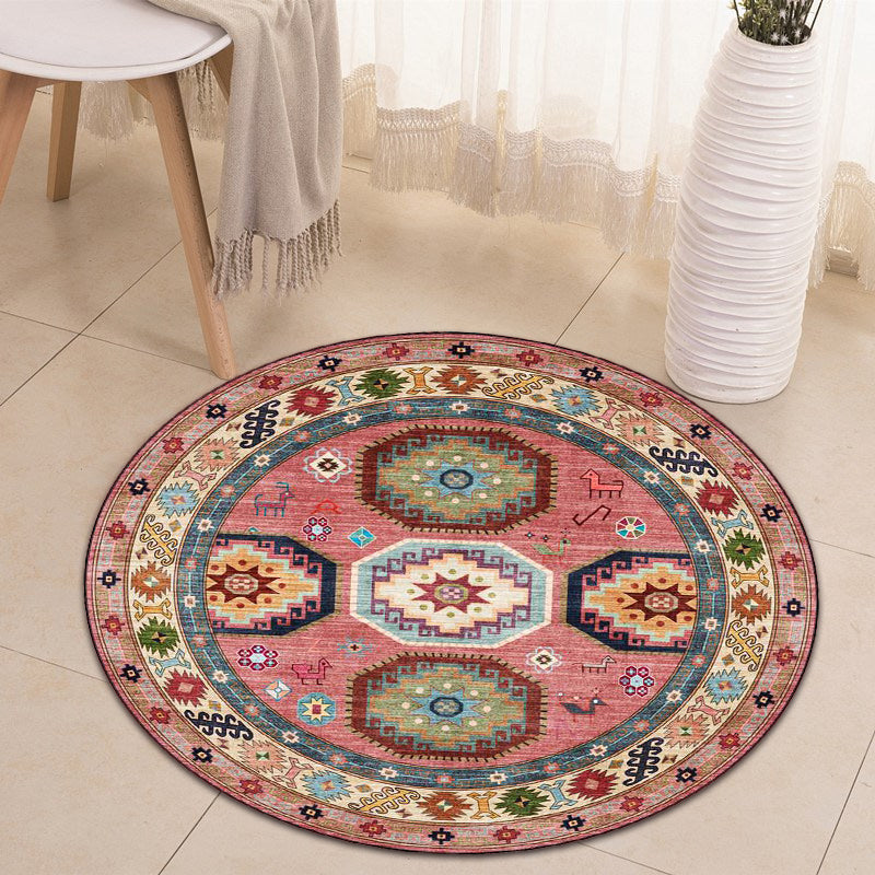 Skorter | Americana Tribal Pattern Carpet Red Polyester Carpet Machine Washable Non-Slip Area Rug for Bedroom