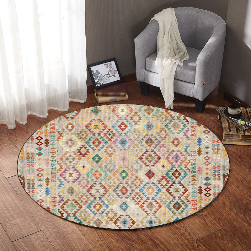 Skorter | American Geometric Pattern Rug Beige Polyester Rug Machine Washable Non-Slip Rug for Bedroom