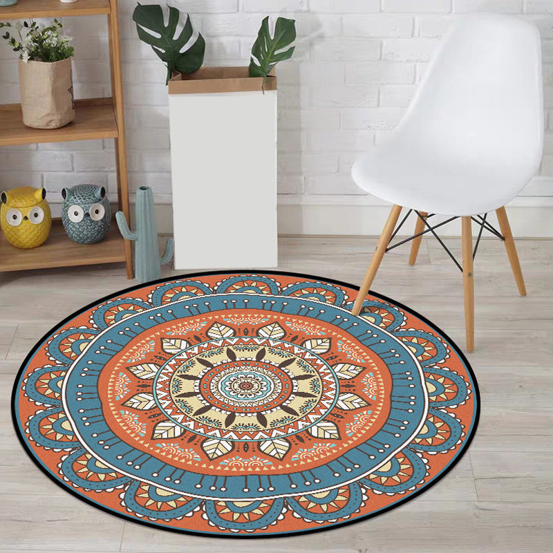 Skorter | Americana concentric circles pattern rug with floral orange and blue tones polyester rug machine washable non-slip rug for the bedroom