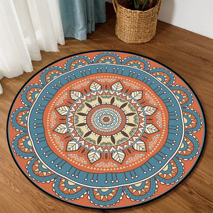 Skorter | Americana concentric circles pattern rug with floral orange and blue tones polyester rug machine washable non-slip rug for the bedroom