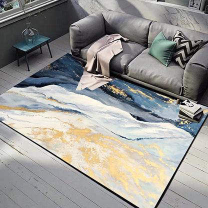 Skorter | Blue and Gold Bedroom Carpet Modern Abstract Cloud Pattern Area Rug Polyester Non-Slip Washable Rug