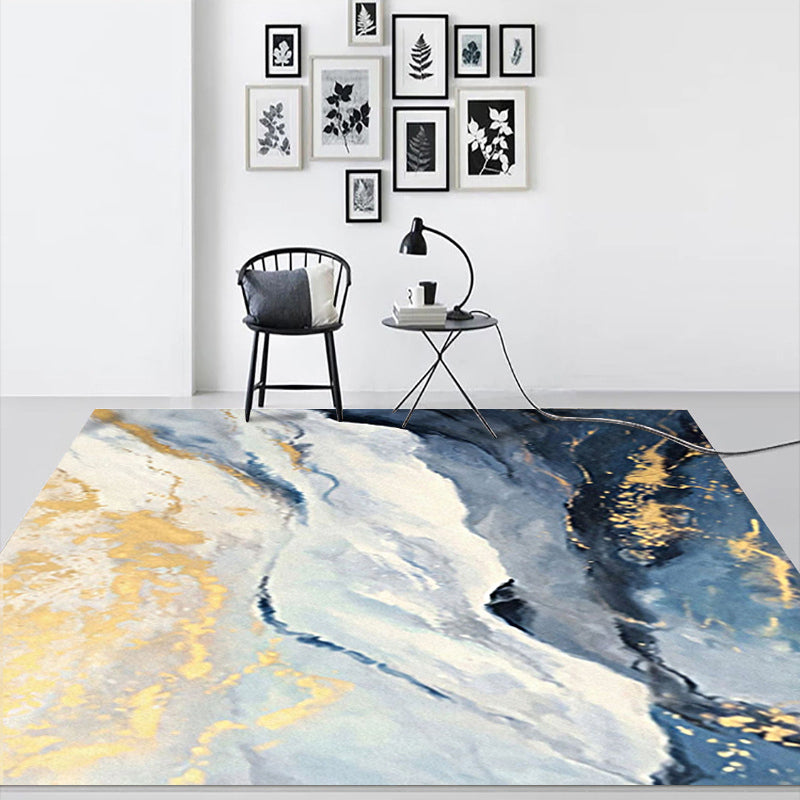 Skorter | Blue and Gold Bedroom Carpet Modern Abstract Cloud Pattern Area Rug Polyester Non-Slip Washable Rug
