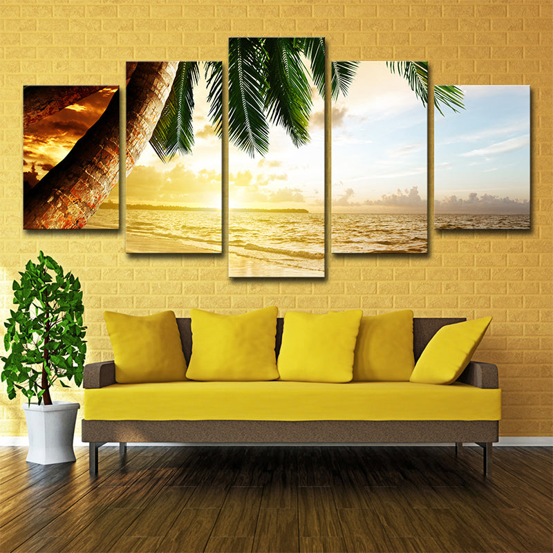 Skorter | Beach Palm Tree Canvas Art Tropix Beautiful Sunset over the Sea Scene Wall Decoration in Gold