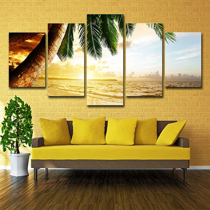 Skorter | Beach Palm Tree Canvas Art Tropix Beautiful Sunset over the Sea Scene Wall Decoration in Gold