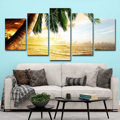 Skorter | Beach Palm Tree Canvas Art Tropix Beautiful Sunset over the Sea Scene Wall Decoration in Gold