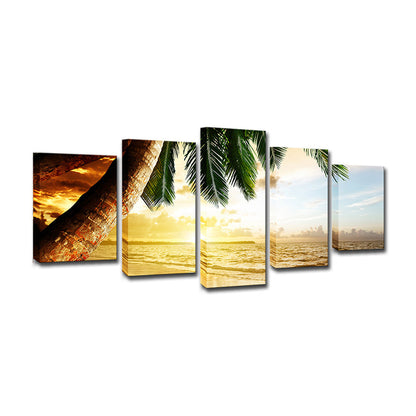 Skorter | Beach Palm Tree Canvas Art Tropix Beautiful Sunset over the Sea Scene Wall Decoration in Gold
