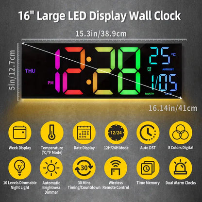 Skorter | 16.2" Large Display Digital Color Changing Wall Clock with Built-in Night Light
