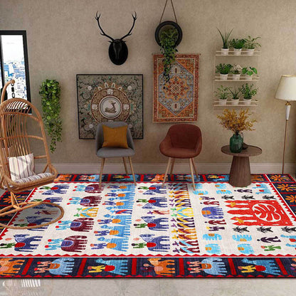 Skorter | Black Multicolor Sou'wester Carpet Polyester Tribal Character and Animal Pattern Carpet Washable Non-Slip Back Carpet for Living Room
