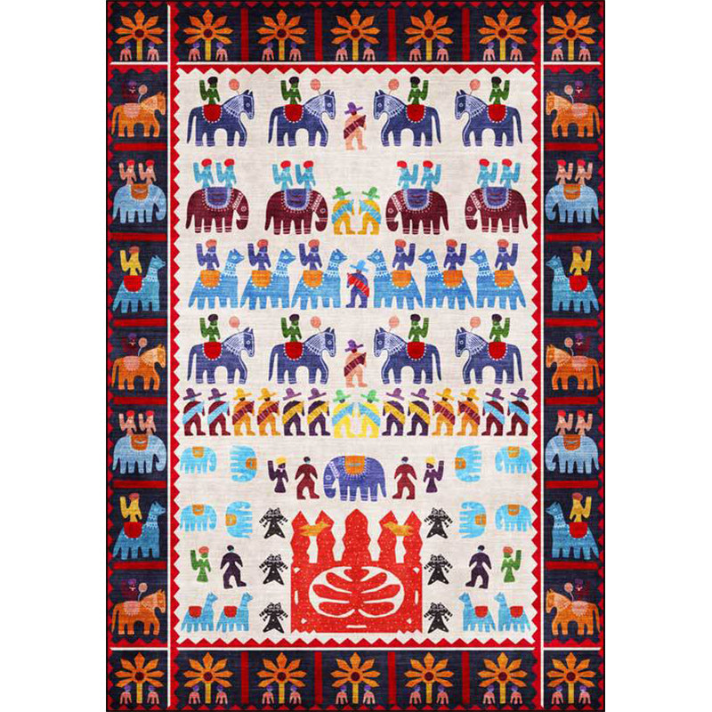 Skorter | Black Multicolor Sou'wester Carpet Polyester Tribal Character and Animal Pattern Carpet Washable Non-Slip Back Carpet for Living Room