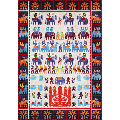 Skorter | Black Multicolor Sou'wester Carpet Polyester Tribal Character and Animal Pattern Carpet Washable Non-Slip Back Carpet for Living Room