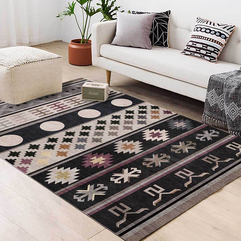 Skorter | Black Southwestern Rug Polyester Tribal Pattern Rug Washable Non-Slip Backing Rug for Living Room