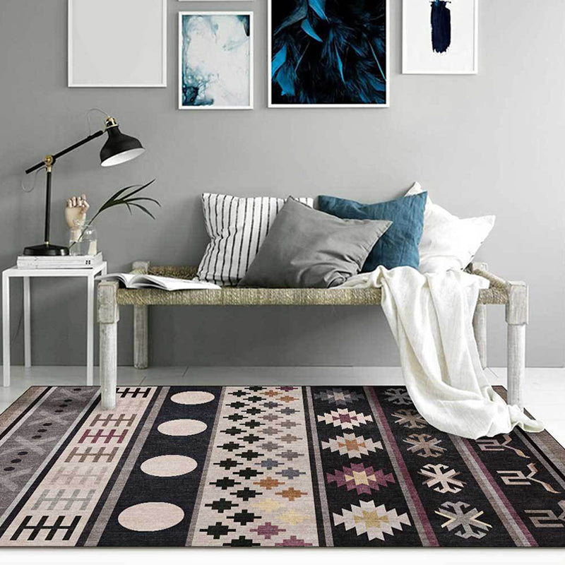 Skorter | Black Southwestern Rug Polyester Tribal Pattern Rug Washable Non-Slip Backing Rug for Living Room
