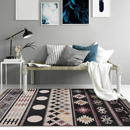 Skorter | Black Southwestern Rug Polyester Tribal Pattern Rug Washable Non-Slip Backing Rug for Living Room