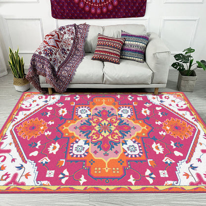Skorter | Colorful Bedroom Rug Moroccan Medallion Floral Pattern Area Rug Polyester Non-Slip Stain-Resistant Rug