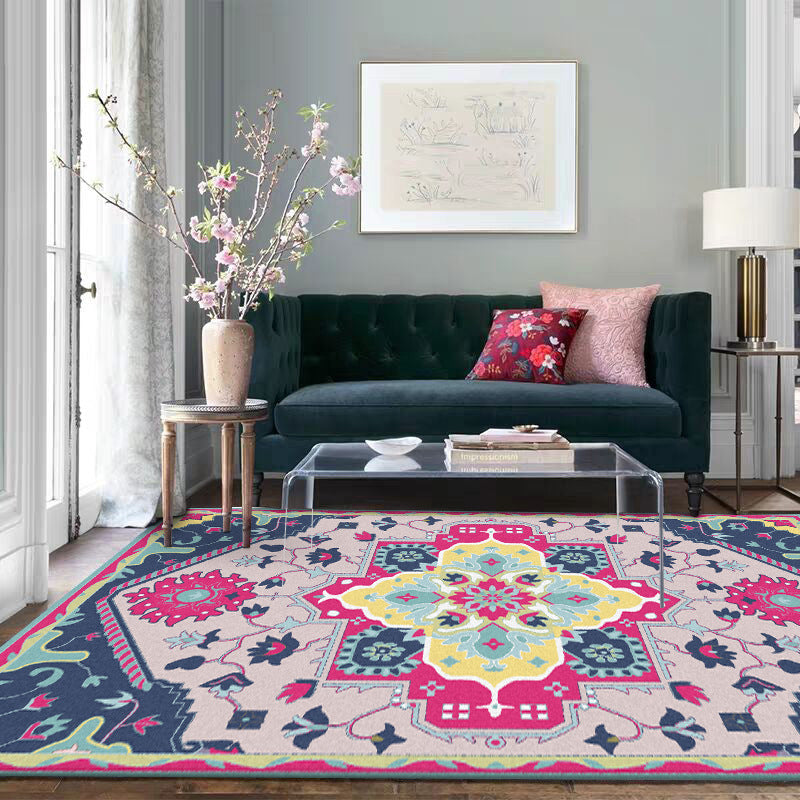 Skorter | Colorful Bedroom Rug Moroccan Medallion Floral Pattern Area Rug Polyester Non-Slip Stain-Resistant Rug