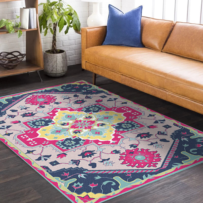Skorter | Colorful Bedroom Rug Moroccan Medallion Floral Pattern Area Rug Polyester Non-Slip Stain-Resistant Rug
