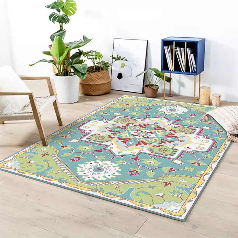 Skorter | Colorful Bedroom Rug Moroccan Medallion Floral Pattern Area Rug Polyester Non-Slip Stain-Resistant Rug