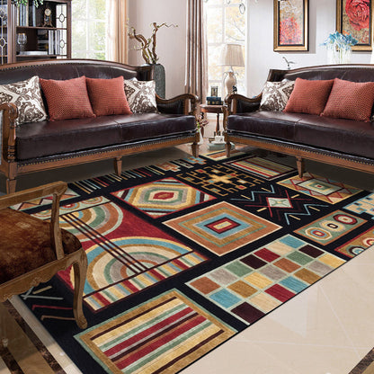 Skorter | Black Multicolored Southwest Rug Polyester Checkered Pattern Rug Washable Non-Slip Back Rug for the Living Room