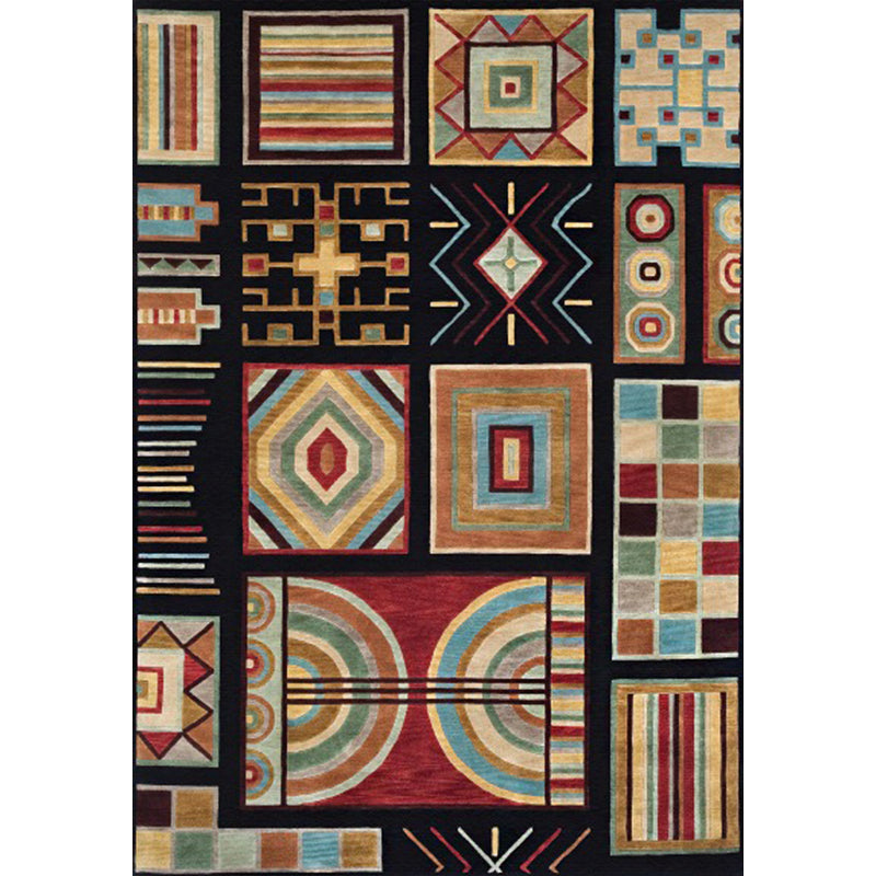 Skorter | Black Multicolored Southwest Rug Polyester Checkered Pattern Rug Washable Non-Slip Back Rug for the Living Room