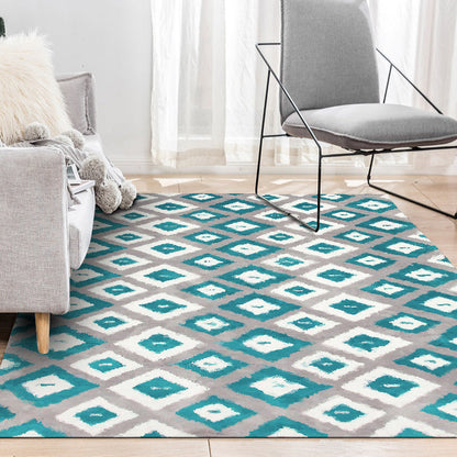 Skorter | Blue and Gray Bedroom Rug Novelty Geometric Diamond Pattern Area Rug Polyester Pet-Friendly Rug