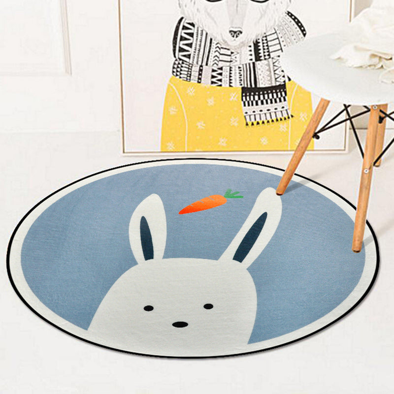 Skorter | Blue and Ivory Children's Room Carpet Child Animals Rabbit Owl Elephant Penguin Pattern Area Rug Polyester Washable Carpet