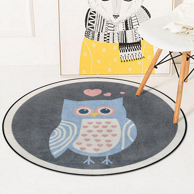Skorter | Blue and Ivory Children's Room Carpet Child Animals Rabbit Owl Elephant Penguin Pattern Area Rug Polyester Washable Carpet