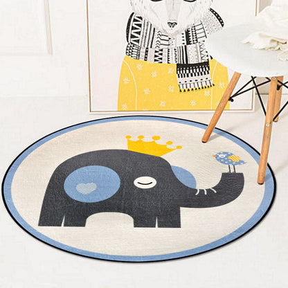 Skorter | Blue and Ivory Children's Room Carpet Child Animals Rabbit Owl Elephant Penguin Pattern Area Rug Polyester Washable Carpet