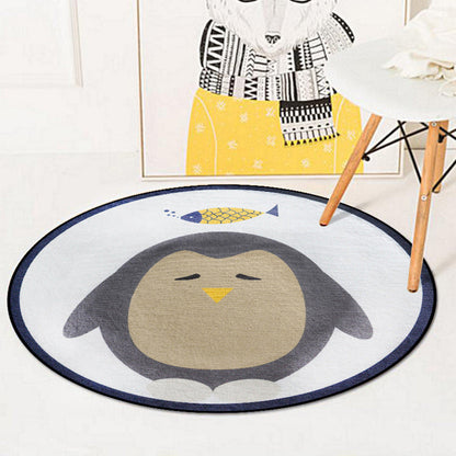 Skorter | Blue and Ivory Children's Room Carpet Child Animals Rabbit Owl Elephant Penguin Pattern Area Rug Polyester Washable Carpet