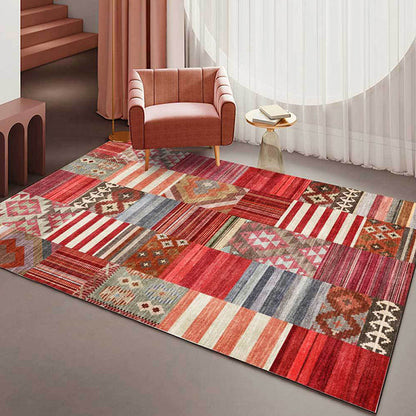 Skorter | American Tribal Striped Pattern Carpet Red Polyester Carpet Machine Washable Non-Slip Back Living Room Carpet for Bedroom