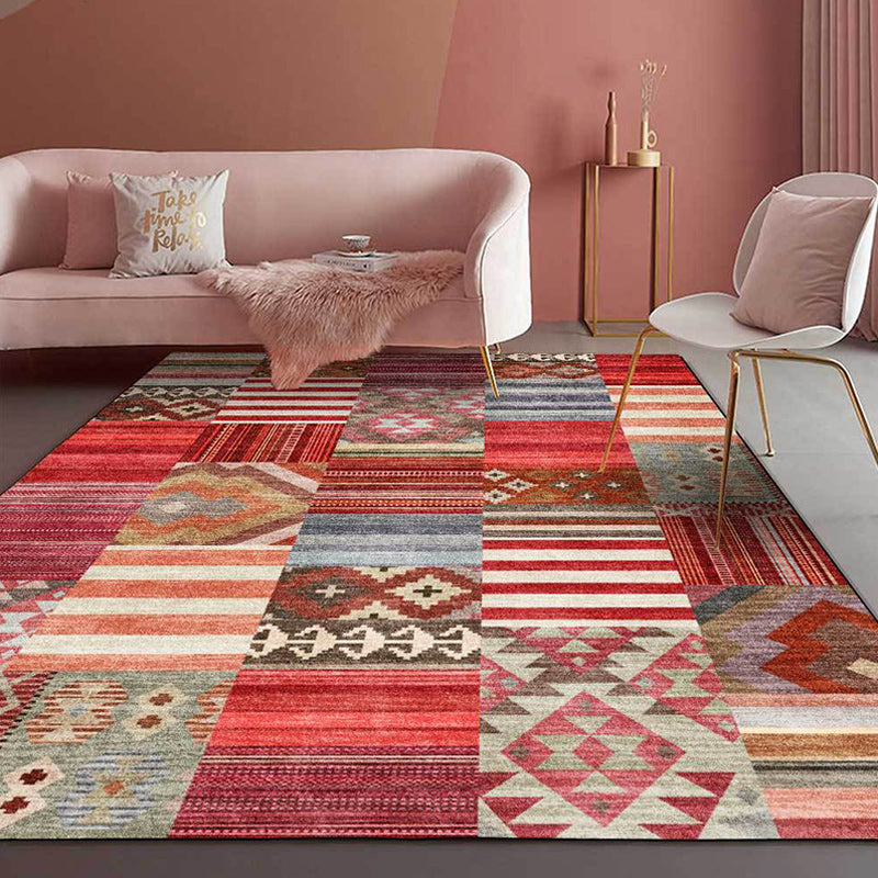 Skorter | American Tribal Striped Pattern Carpet Red Polyester Carpet Machine Washable Non-Slip Back Living Room Carpet for Bedroom