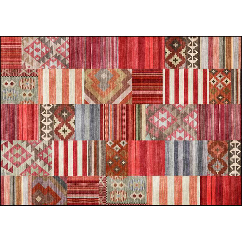 Skorter | American Tribal Striped Pattern Carpet Red Polyester Carpet Machine Washable Non-Slip Back Living Room Carpet for Bedroom