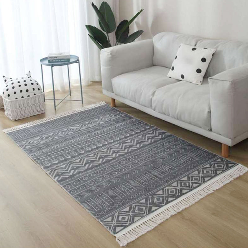 Skorter | Americana Tribal Pattern Rug Black and White Linen Rug Machine Washable Fringe Area Rug for Bedroom